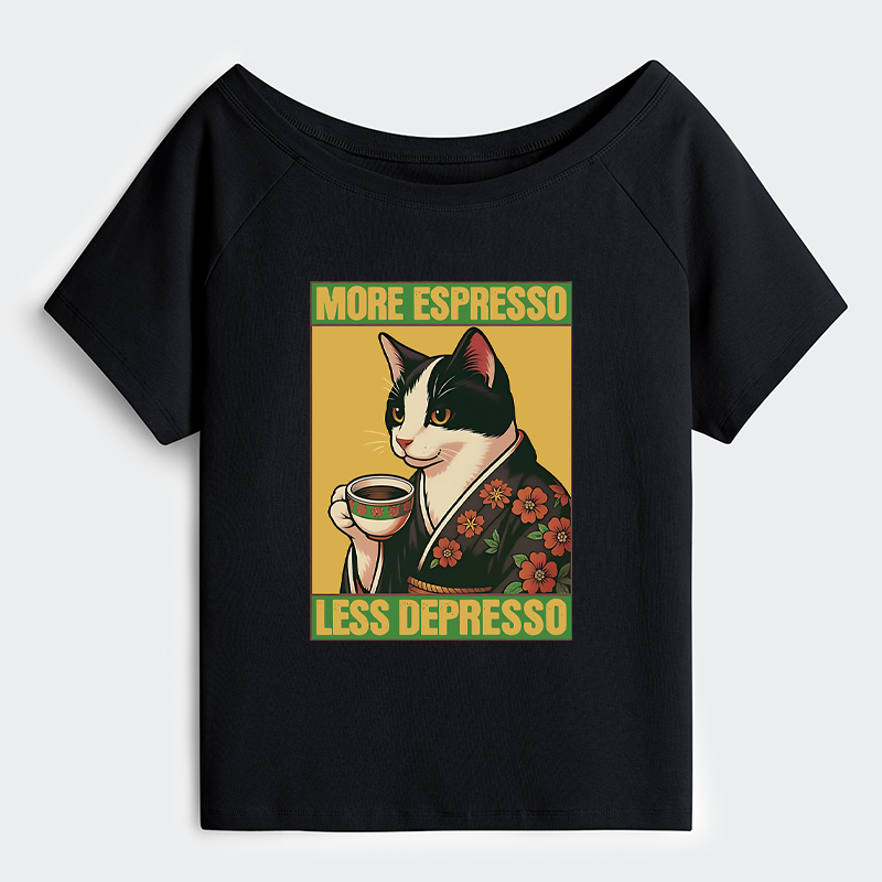 Tokyo-Tiger Tuxedo Cat Drinking Coffee Off Shoulder T-Shirt
