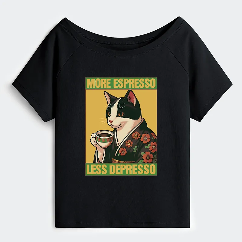 Tokyo-Tiger Tuxedo Cat Drinking Coffee Off Shoulder T-Shirt