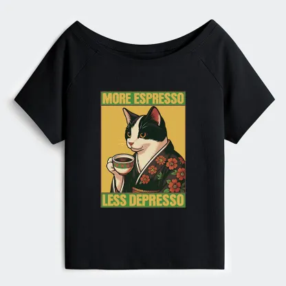 Tokyo-Tiger Tuxedo Cat Drinking Coffee Off Shoulder T-Shirt