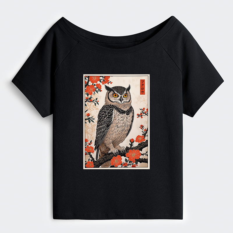 Tokyo-Tiger Vintage Japanese Owl Off Shoulder T-Shirt