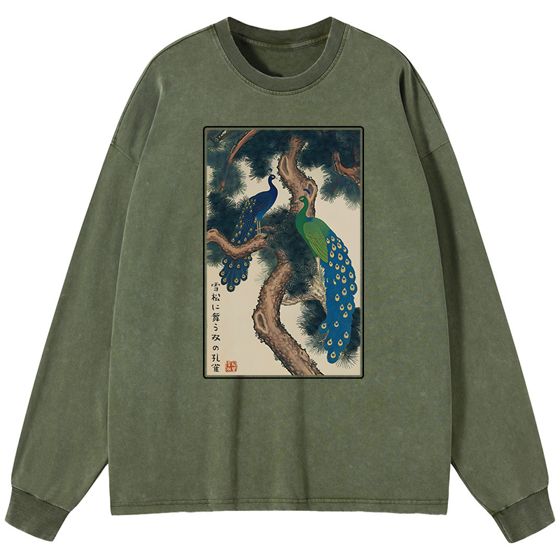 Tokyo-Tiger Peacocks in Snowy Pines Washed Long Sleeve T-Shirt