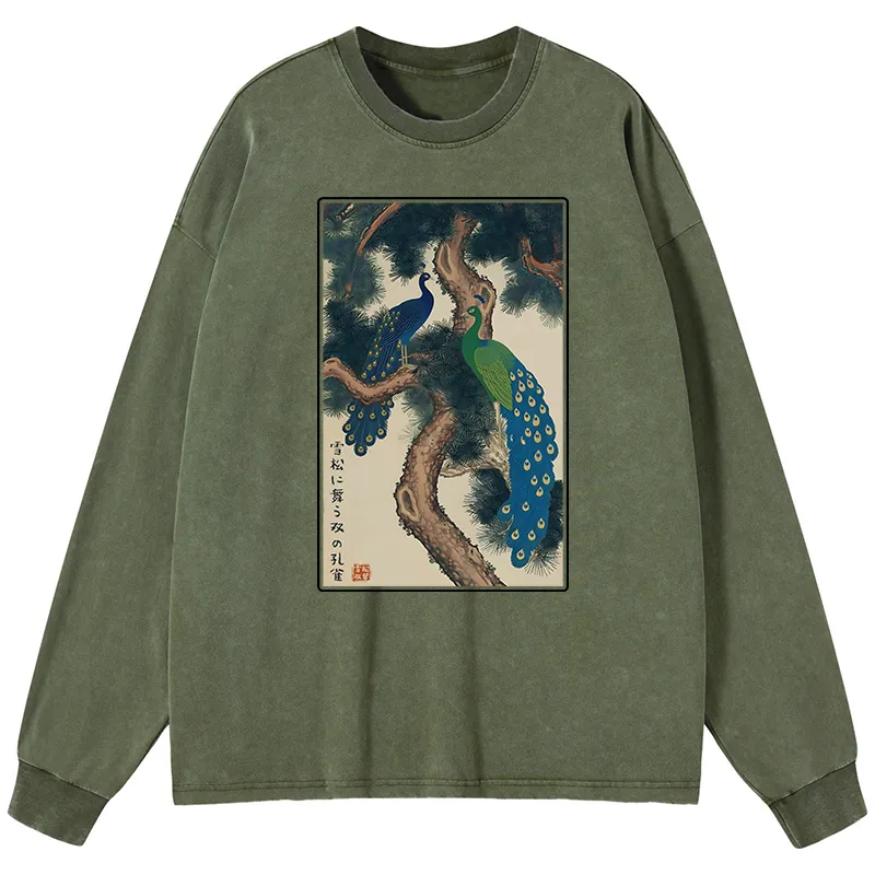 Tokyo-Tiger Peacocks in Snowy Pines Washed Long Sleeve T-Shirt