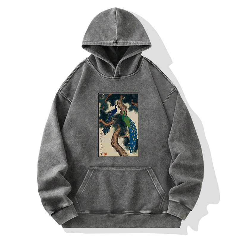 Tokyo-Tiger Peacocks in Snowy Pines Washed Hoodie