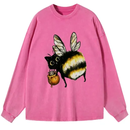 Tokyo-Tiger Cute Catbee Butt Washed Long Sleeve T-Shirt