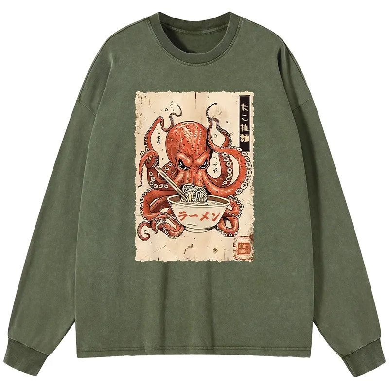 Tokyo-Tiger Retro Octopus Eating Ramen Washed Long Sleeve T-Shirt