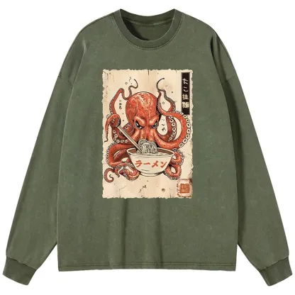 Tokyo-Tiger Retro Octopus Eating Ramen Washed Long Sleeve T-Shirt
