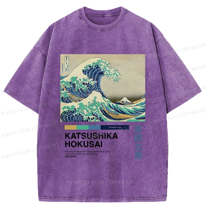 Tokyo-Tiger Japanese Ukiyo-e Waves Washed T-Shirt