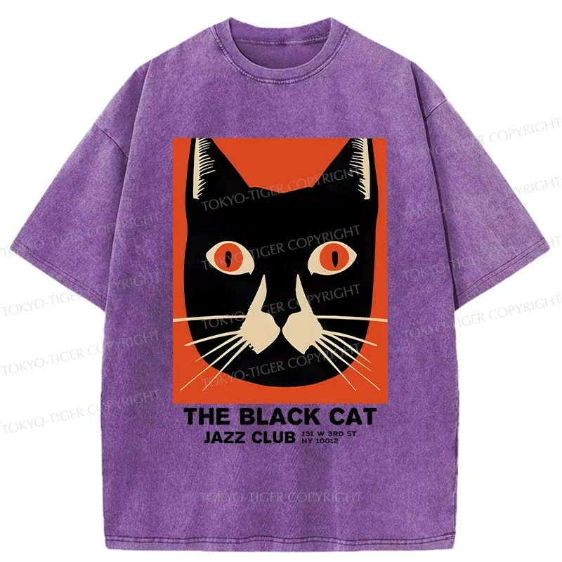Tokyo-Tiger Minimalist Black Cat Washed T-Shirt