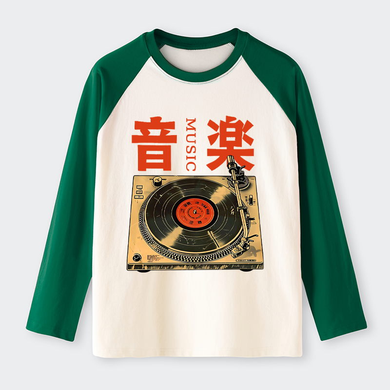Tokyo-Tiger Retro Music Record Player Raglan Long Sleeve T-shirt