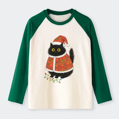 Tokyo-Tiger Cat Wearing Santa Hat Raglan Long Sleeve T-shirt