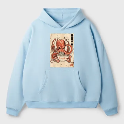 Tokyo-Tiger Retro Octopus Eating Ramen Aldult Fleece Hoodie