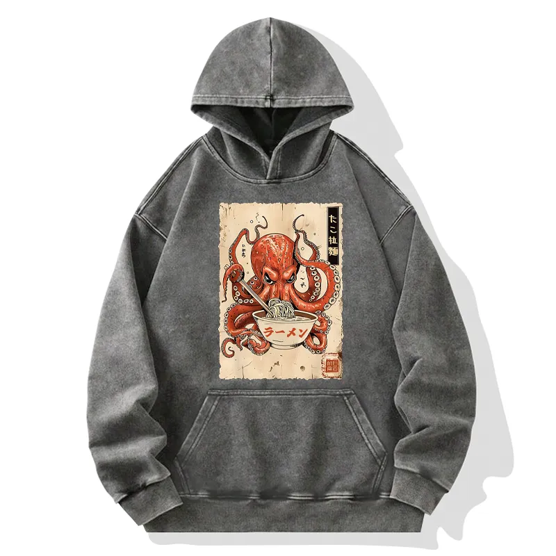 Tokyo-Tiger Retro Octopus Eating Ramen Washed Hoodie