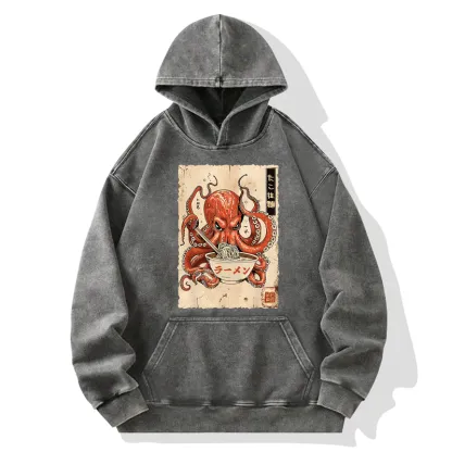 Tokyo-Tiger Retro Octopus Eating Ramen Washed Hoodie