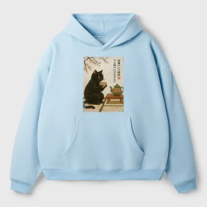 Tokyo-Tiger Tea Time With A Black Cat Aldult Fleece Hoodie