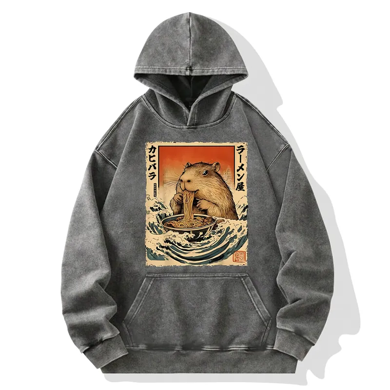 Tokyo-Tiger Hamster Eating Ramen Washed Hoodie