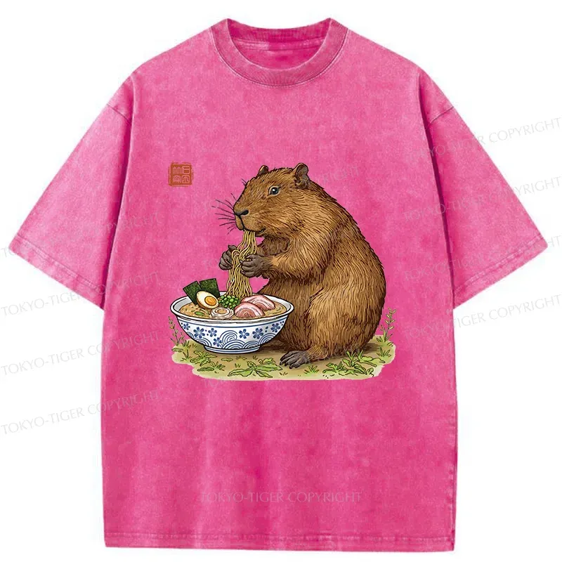 Tokyo-Tiger Capybara Eating Delicious Ramen Washed T-Shirt