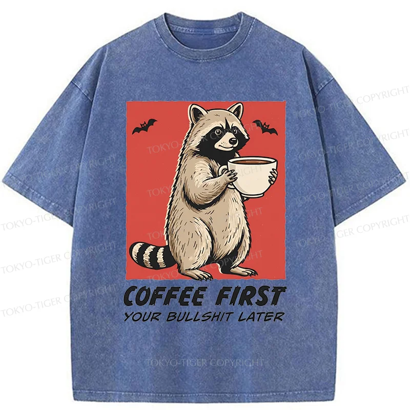 Tokyo-Tiger Raccoon Drinking Coffee Washed T-Shirt