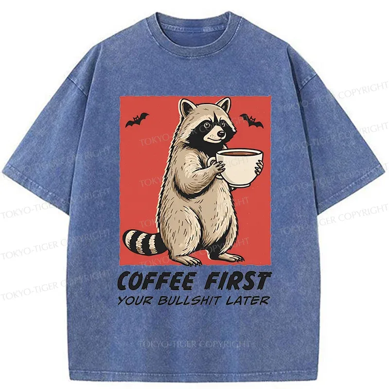 Tokyo-Tiger Raccoon Drinking Coffee Washed T-Shirt