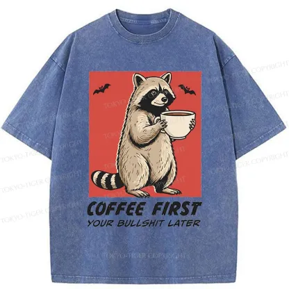 Tokyo-Tiger Raccoon Drinking Coffee Washed T-Shirt