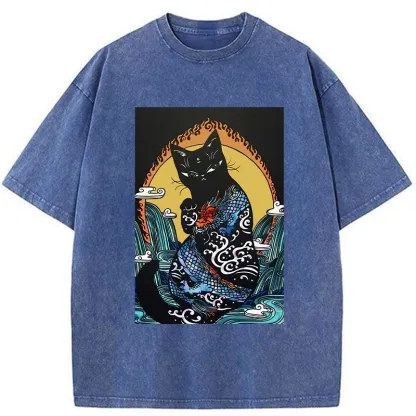 Tokyo-Tiger Black Cat With Dragon Pattern Washed T-Shirt