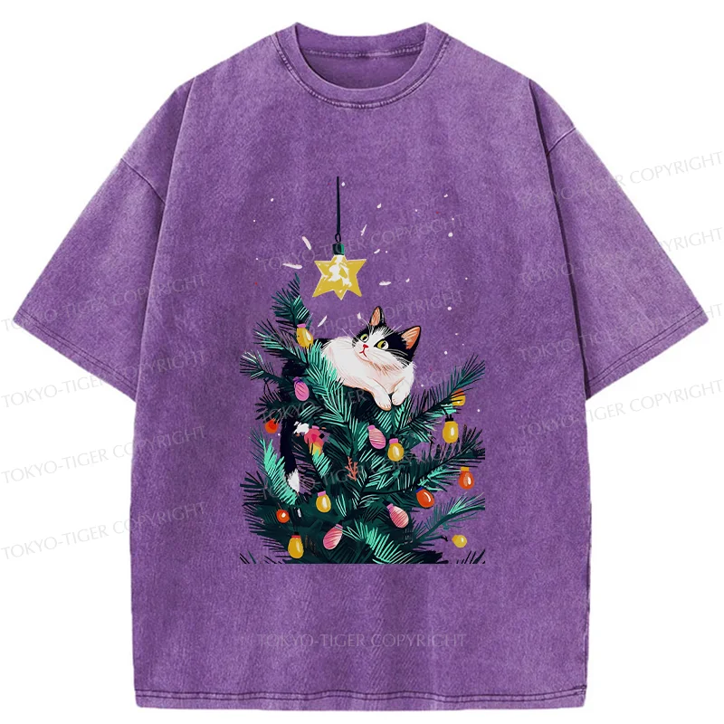 Tokyo-Tiger Cute Christmas Cat Washed T-Shirt