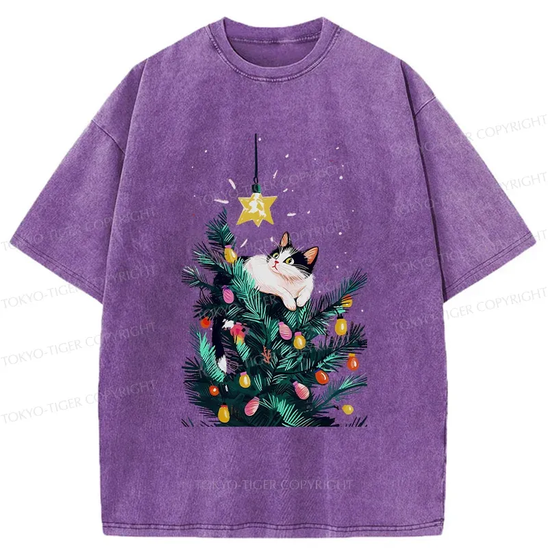Tokyo-Tiger Cute Christmas Cat Washed T-Shirt