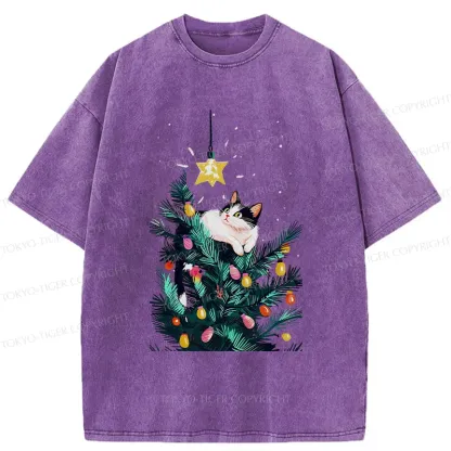Tokyo-Tiger Cute Christmas Cat Washed T-Shirt