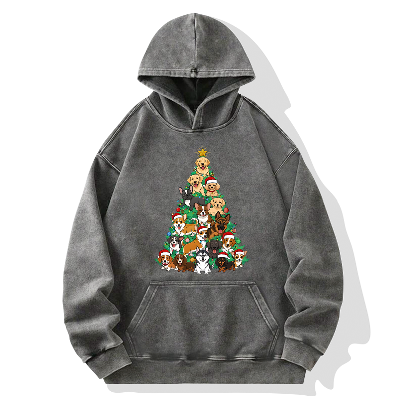 Tokyo-Tiger Christmas Tree Dog Funny Washed Hoodie