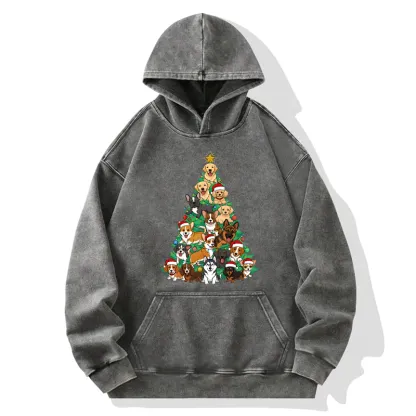 Tokyo-Tiger Christmas Tree Dog Funny Washed Hoodie
