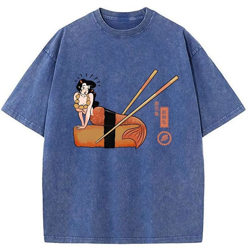 Tokyo-Tiger Funny Sushi Mermaid Washed T-Shirt