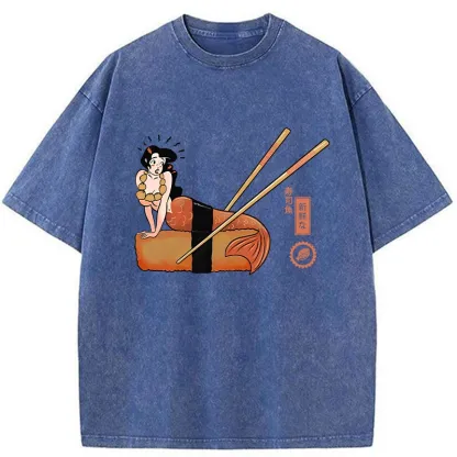 Tokyo-Tiger Funny Sushi Mermaid Washed T-Shirt