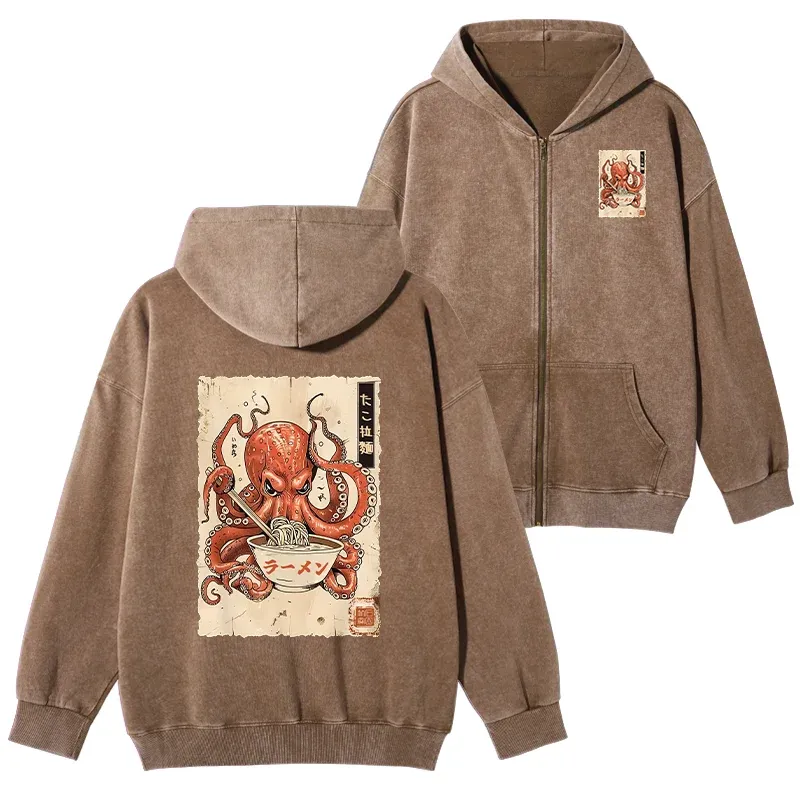 Tokyo-Tiger Retro Octopus Eating Ramen Washed Zip Hoodie Sale