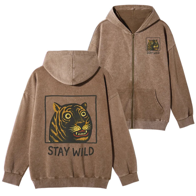 Tokyo-Tiger Silly And Cute Tiger Washed Zip Hoodie