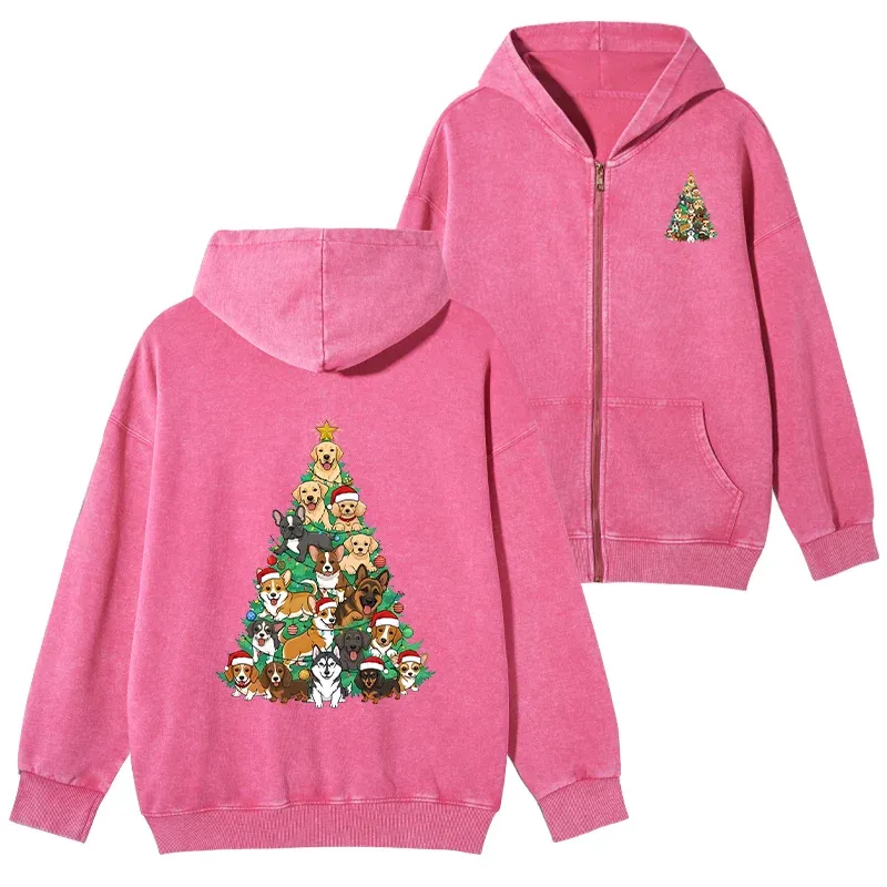 Tokyo-Tiger Christmas Tree Dog Funny Washed Zip Hoodie