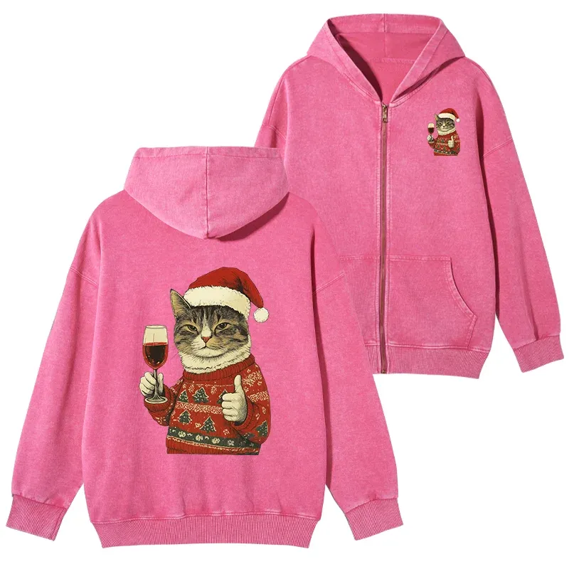 Tokyo-Tiger Christmas Cat Likes Washed Zip Hoodie