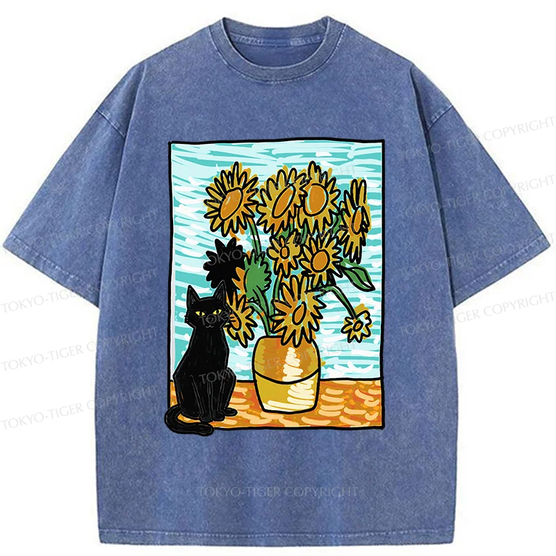 Tokyo-Tiger Black Cat And Sunflower Washed T-Shirt