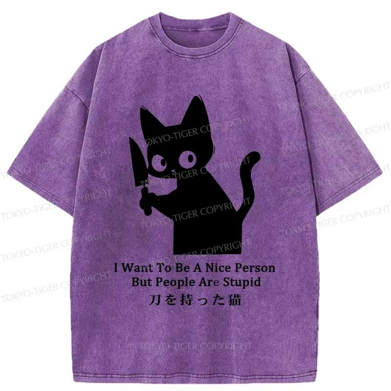 Tokyo-Tiger Black Cat With A Knife Washed T-Shirt