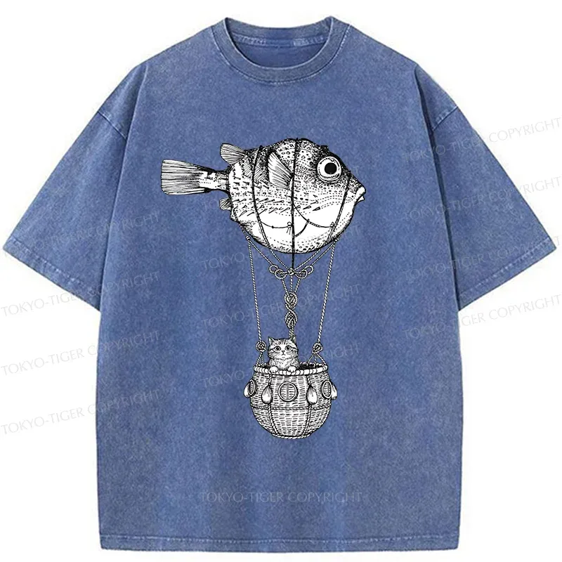 Tokyo-Tiger Pufferfish Motorboat Washed T-Shirt