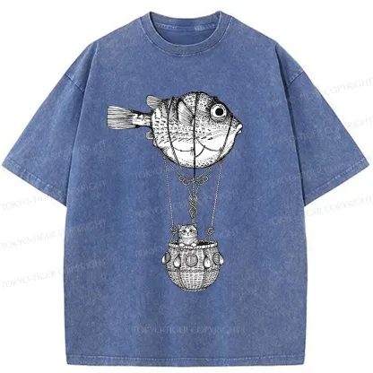Tokyo-Tiger Pufferfish Motorboat Washed T-Shirt