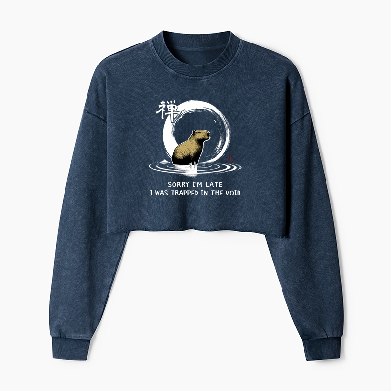 Tokyo-Tiger Zen Capybara Was Trapped In The Void Washed Crop Sweatshirt
