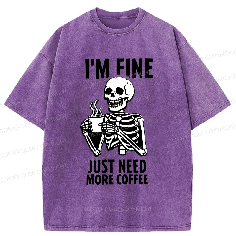 Tokyo-Tiger Skeleton Drinking Coffee Washed T-Shirt