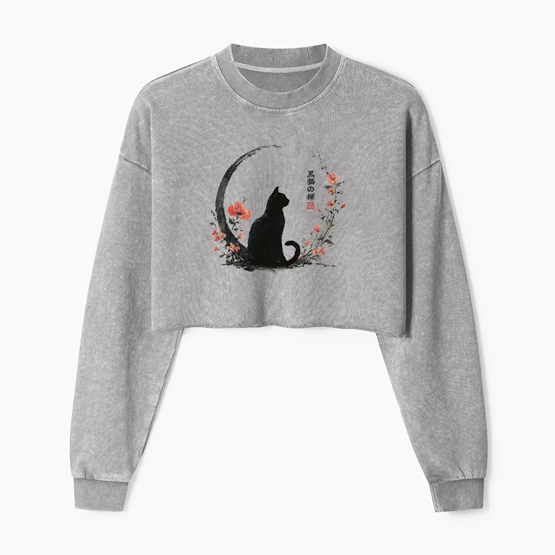 Tokyo-Tiger Black Cat And Flowers Washed Crop Sweatshirt
