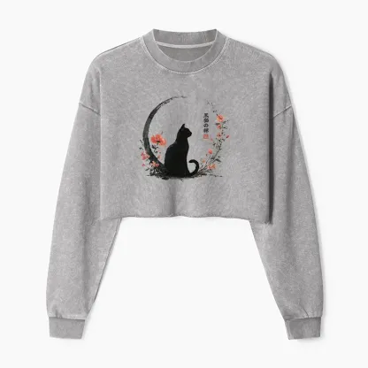 Tokyo-Tiger Black Cat And Flowers Washed Crop Sweatshirt