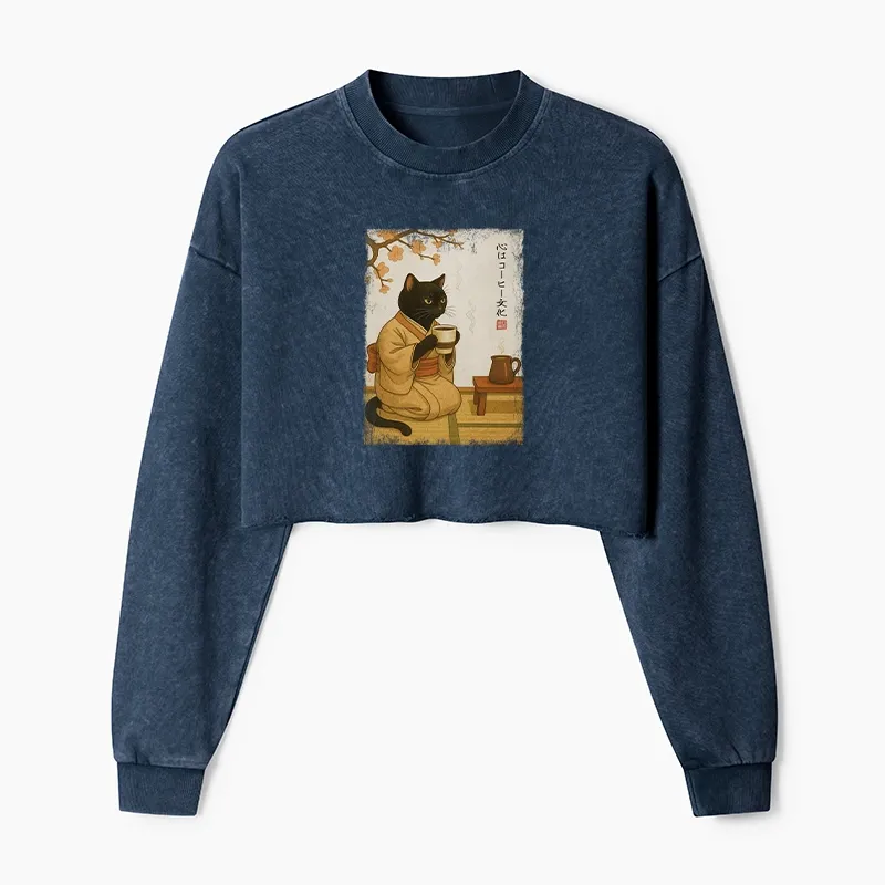 Tokyo-Tiger Cat Heart Full Of Coffee Washed Crop Sweatshirt