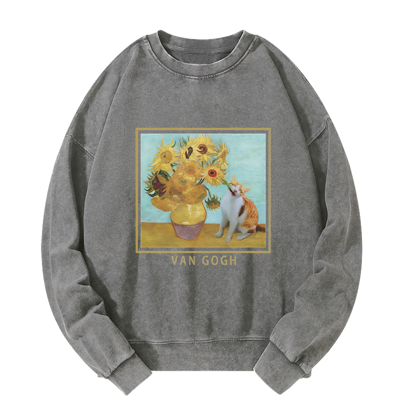 Tokyo-Tiger Naughty Cat Biting Sunflower Washed Sweatshirt