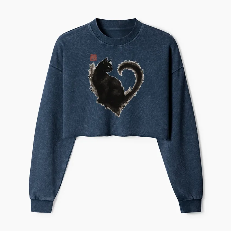 Tokyo-Tiger Funny Heart-Shaped Ink Cat Washed Crop Sweatshirt