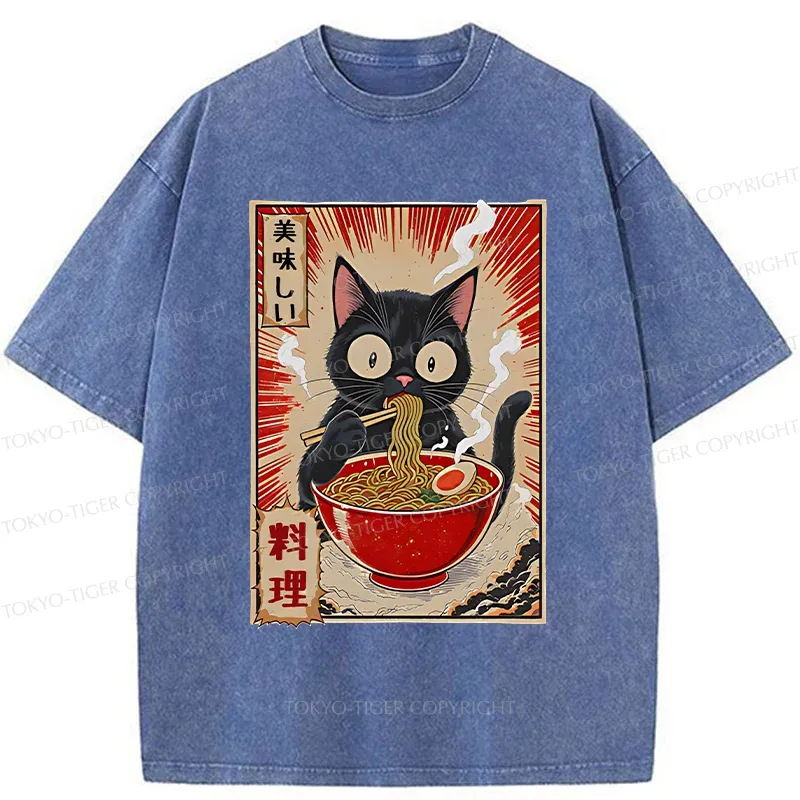 Tokyo-Tiger Black Cat Eating Ramen Comic Washed T-Shirt
