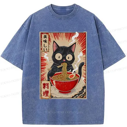 Tokyo-Tiger Black Cat Eating Ramen Comic Washed T-Shirt