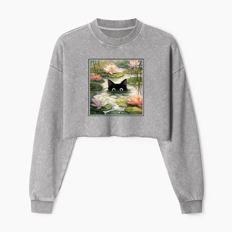 Tokyo-Tiger Black Cat and Lotus Flower Washed Crop Sweatshirt