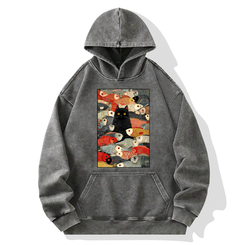 Tokyo-Tiger Cats And Fish Washed Hoodie